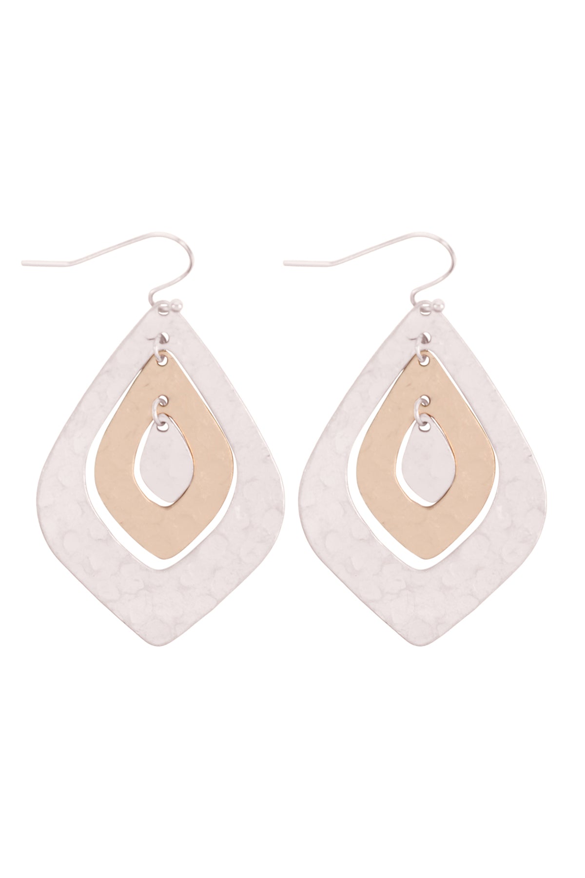 Two Tone Hammerred Mar2uise Shape Earrings Matte Gold Matte Silver