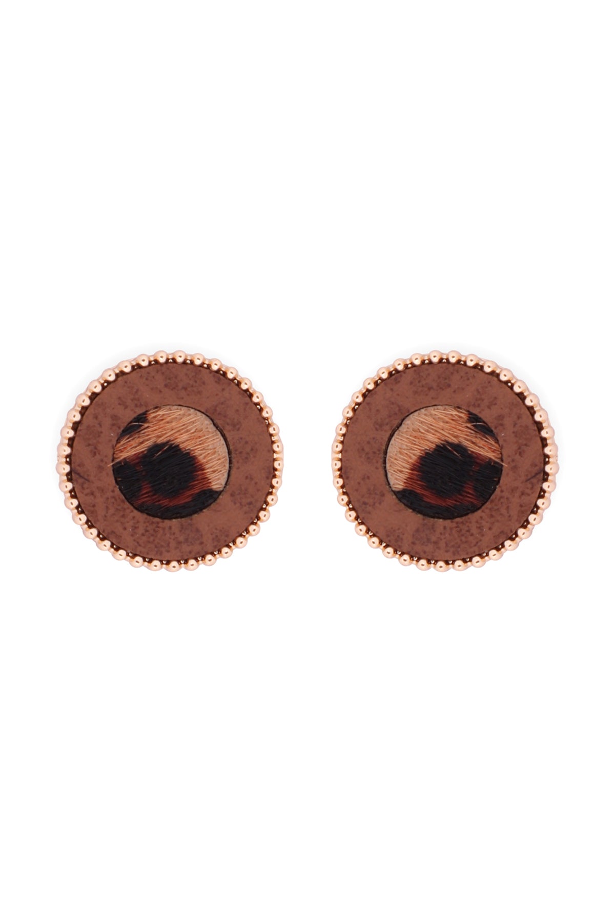 Animal Print Leather Round Two Tone Post Earrings Leopard Brown