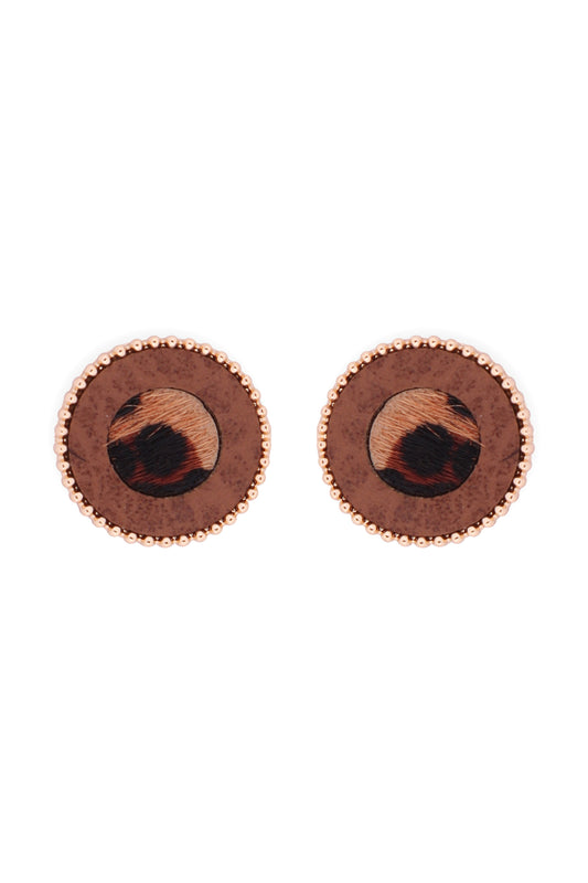 Animal Print Leather Round Two Tone Post Earrings Leopard Brown