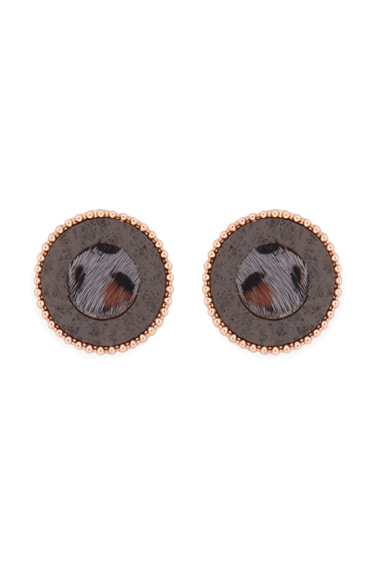 Animal Print Leather Round Two Tone Post Earrings Leopard Gray