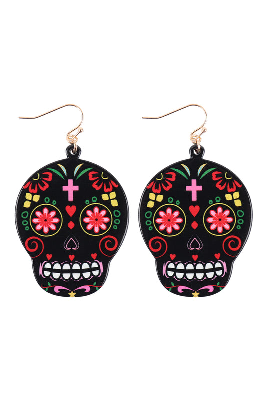 Sugar Skull Fish Hook Dangling Earrings Black
