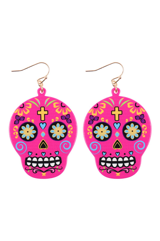 Sugar Skull Fish Hook Dangling Earrings Fuchsia