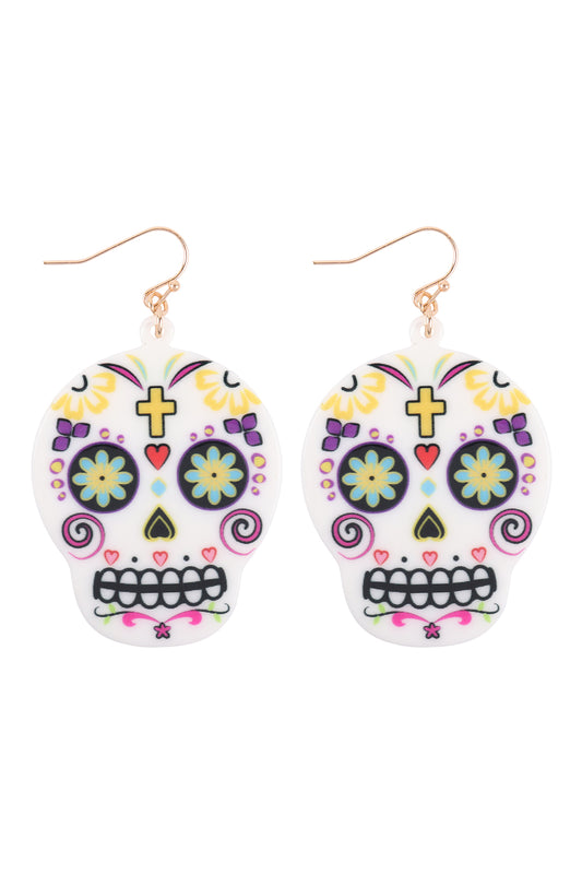 Sugar Skull Fish Hook Dangling Earrings  White