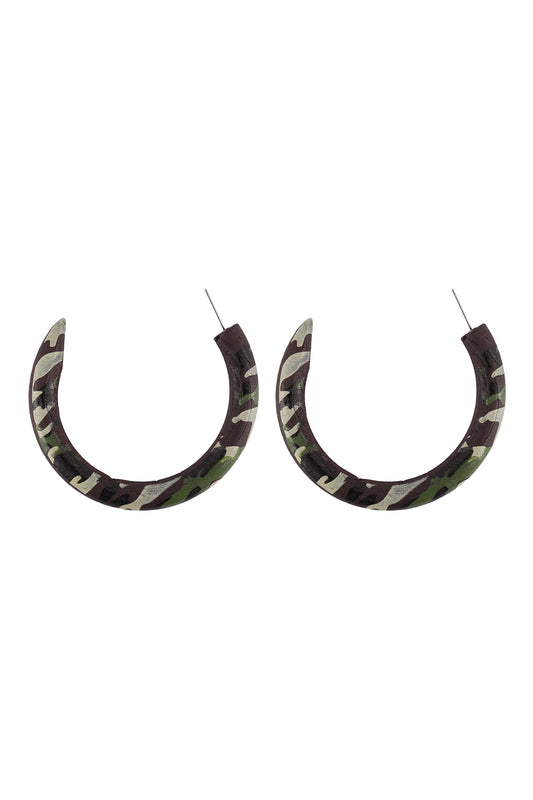 Horn Wood Color Hoop Earrings Camo