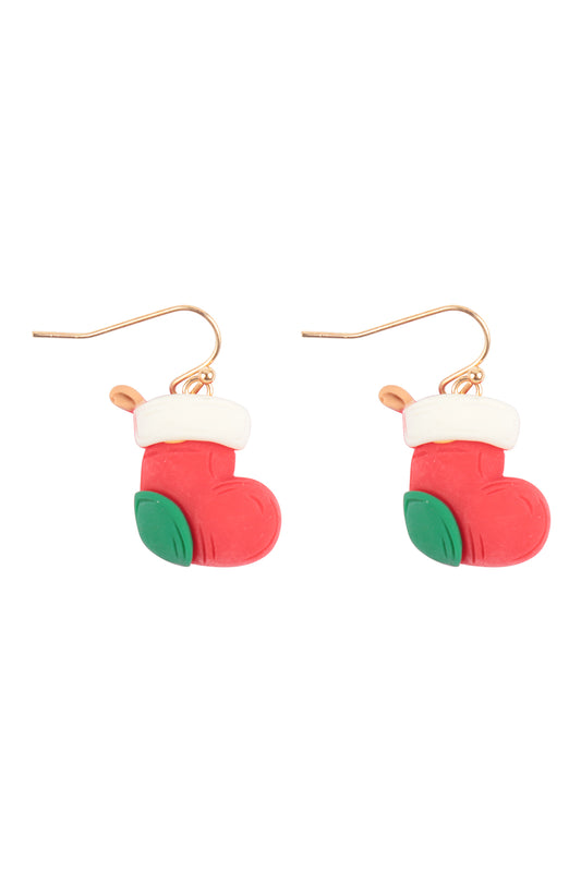 Christmas Santa Socks Polymer Clay Hook Earrings Red
