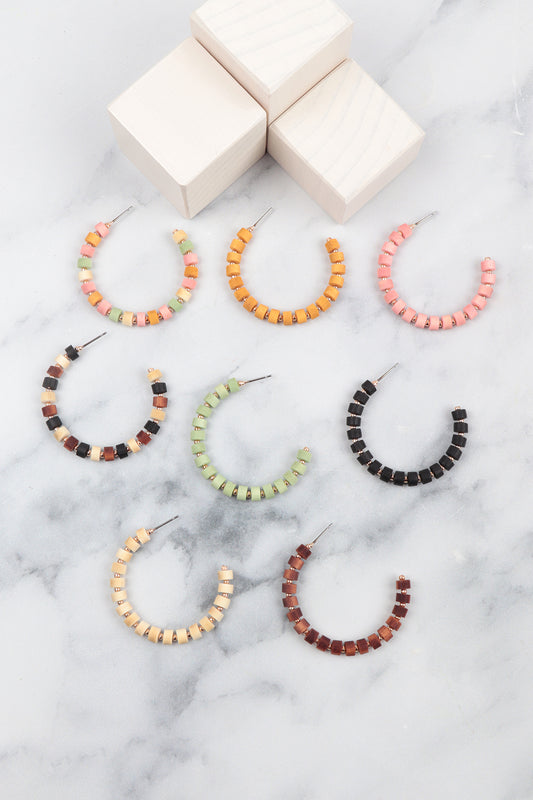 Wood Beaded C Shape Hoop Earrings