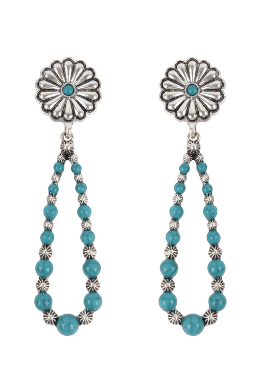 Western Concho  Flower Natural Stone Drop Earrings Silver Burnish Tur2uoise