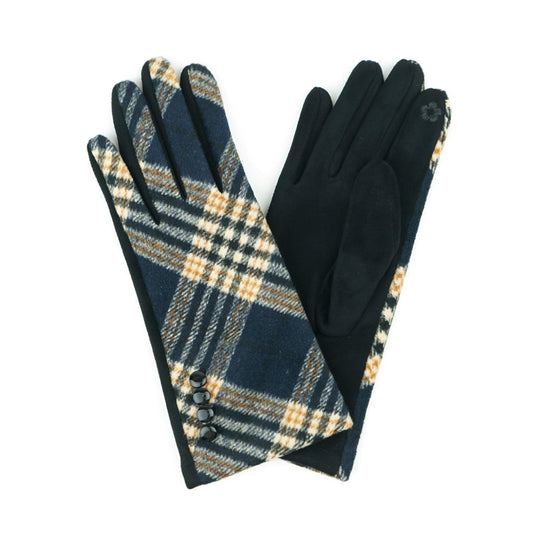 Multi Plaid Button Gloves Smart Touch Navy