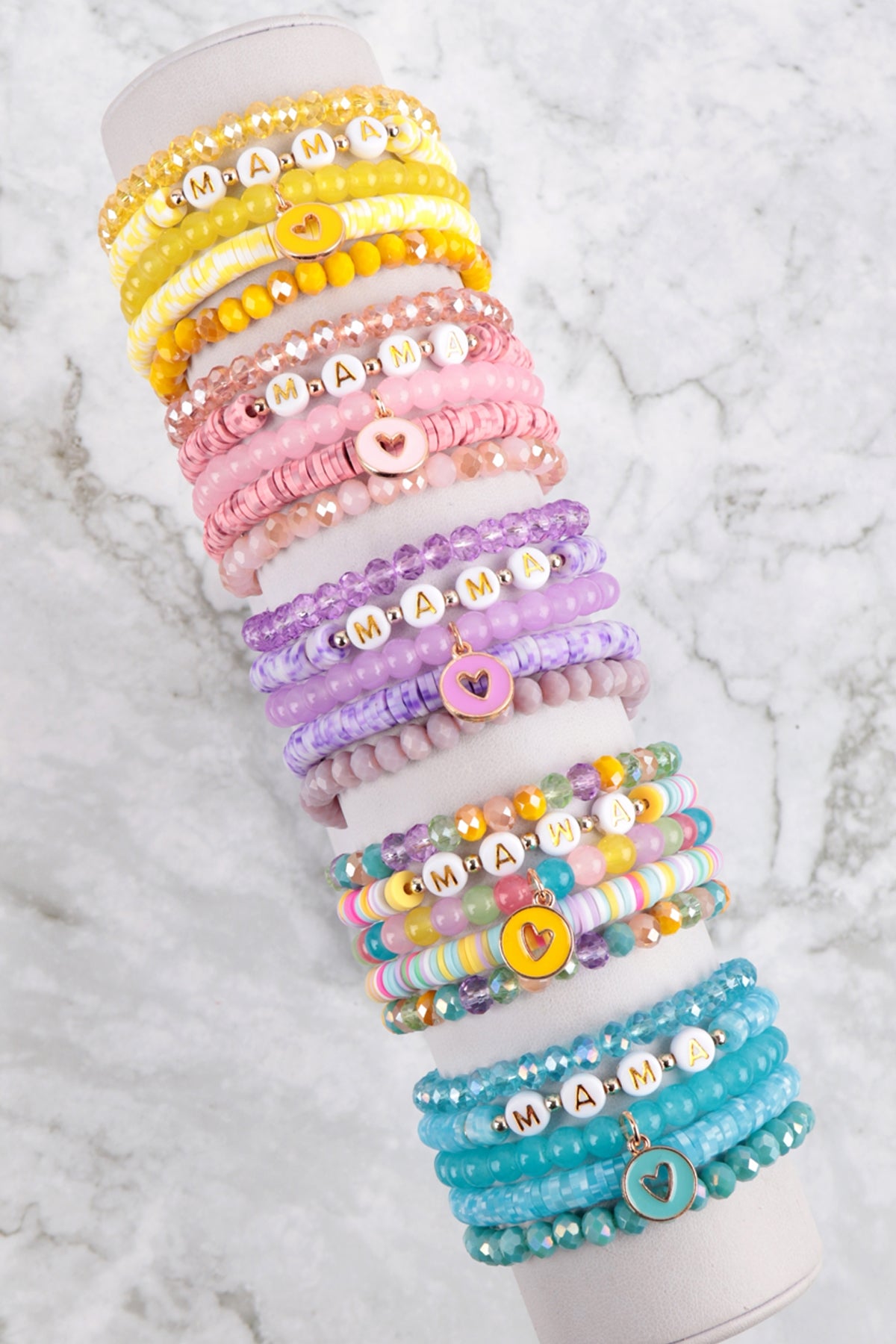 "Mama" & "Me" Fimo Glass Beads w/ Heart Pendant Stackable 5 Lines Bracelate Set