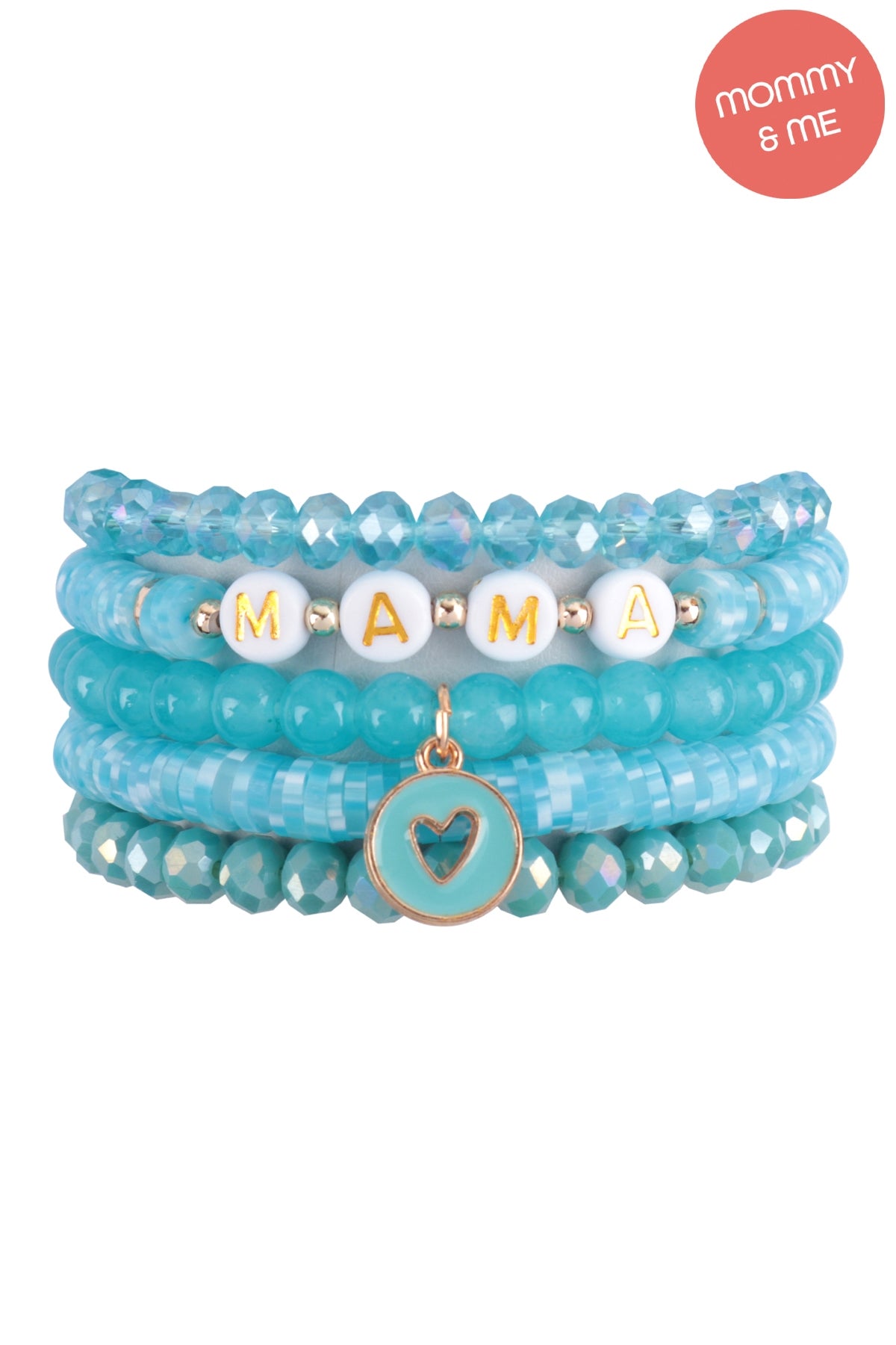 "Mama" & "Me" Fimo Glass Beads w/ Heart Pendant Stackable 5 Lines Bracelate Set