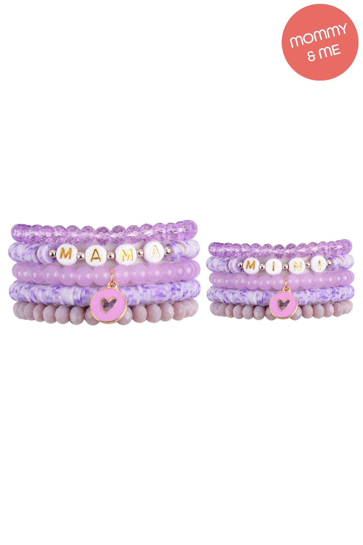 "Mama" & "Me" Fimo Glass Beads w/ Heart Pendant Stackable 5 Lines Bracelate Set