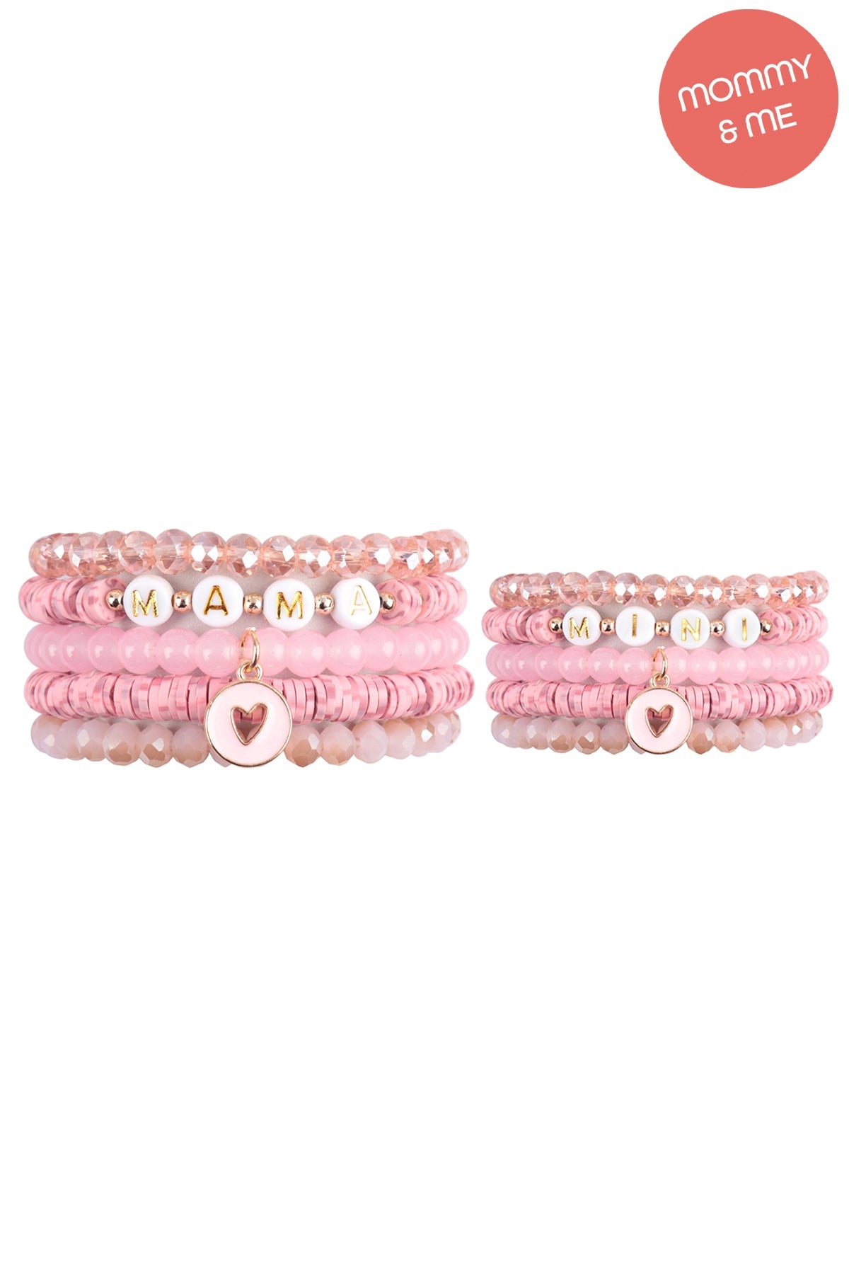 "Mama" & "Me" Fimo Glass Beads w/ Heart Pendant Stackable 5 Lines Bracelate Set