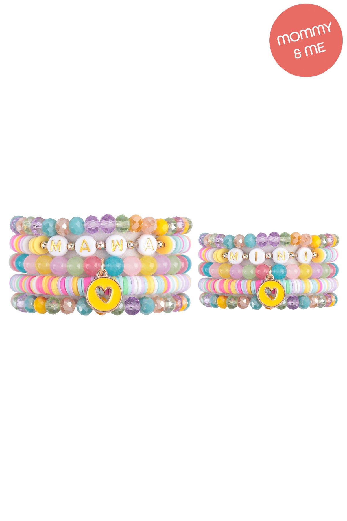 "Mama" & "Me" Fimo Glass Beads w/ Heart Pendant Stackable 5 Lines Bracelate Set