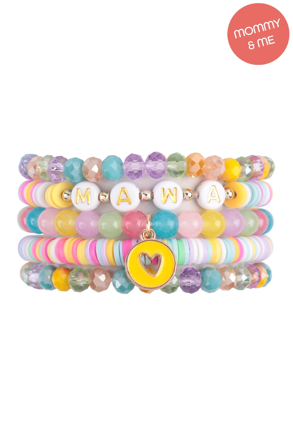 "Mama" & "Me" Fimo Glass Beads w/ Heart Pendant Stackable 5 Lines Bracelate Set