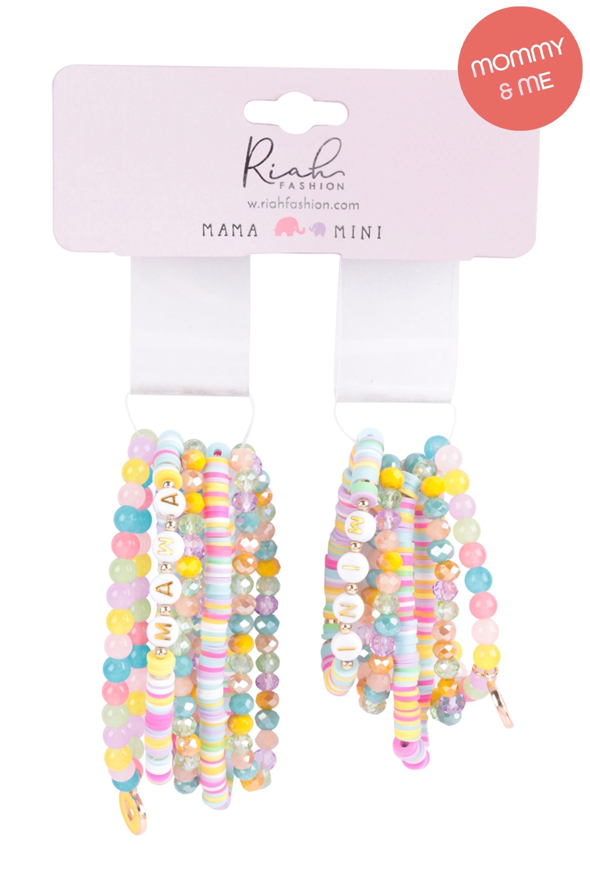 "Mama" & "Me" Fimo Glass Beads w/ Heart Pendant Stackable 5 Lines Bracelate Set