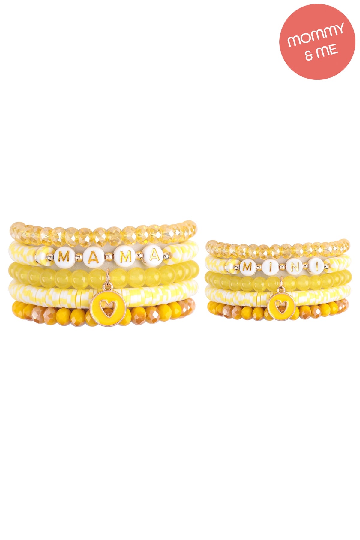 "Mama" & "Me" Fimo Glass Beads w/ Heart Pendant Stackable 5 Lines Bracelate Set