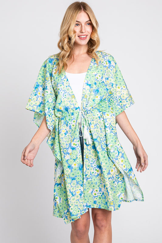 Flower Print Self-Tie Drawstring Open Front Cover- Up