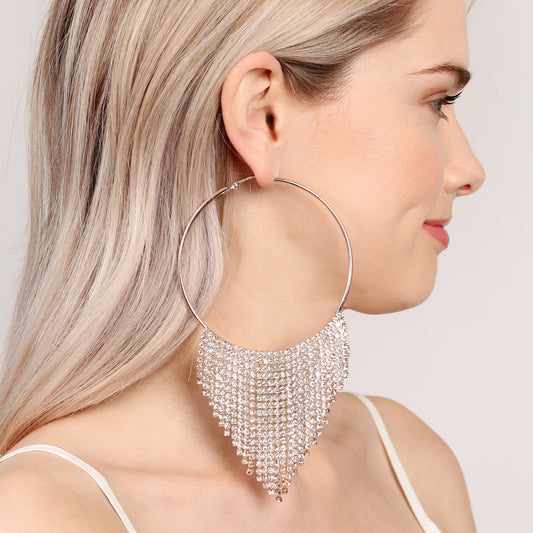 Rose Gold Clear Tassel Dangling Hoop Earring