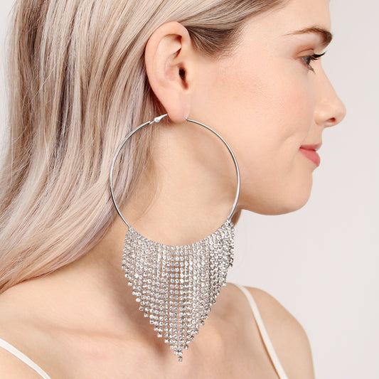 Silver Clear Tassel Dangling Hoop Earrings