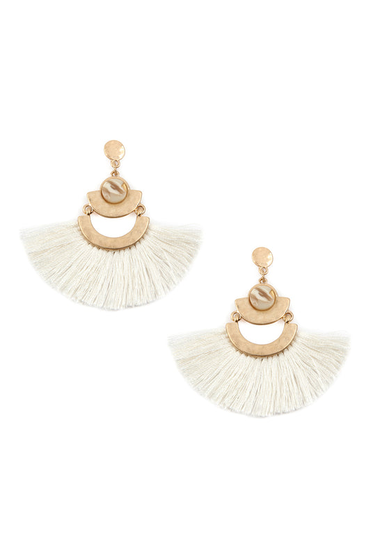 Ivory Fan Shape Tassel Dangle Earrings