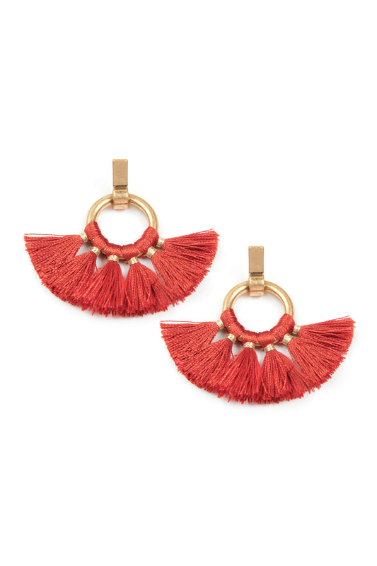 Coral Fan Tassel Post Wrap Hoop Dangle Earrings
