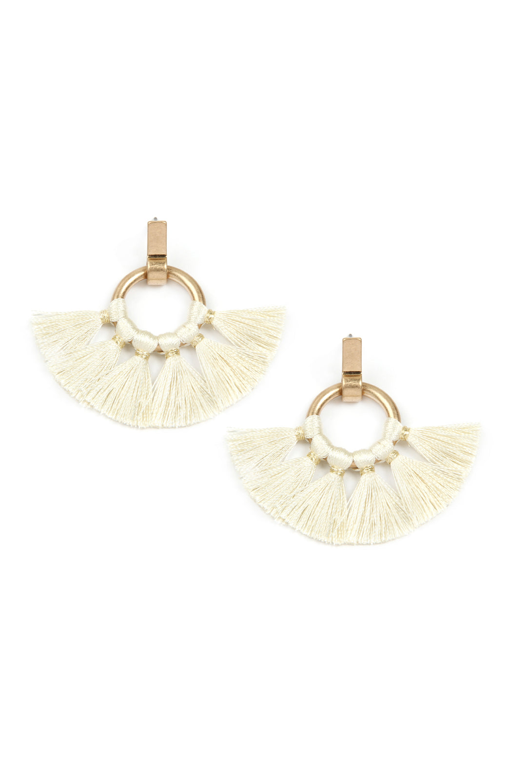 Ivory Fan Tassel Post Wrap Hoop Dangle Earrings
