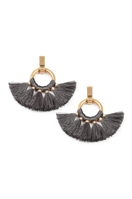 Light Gray Fan Tassel Post Wrap Hoop Dangle Earrings