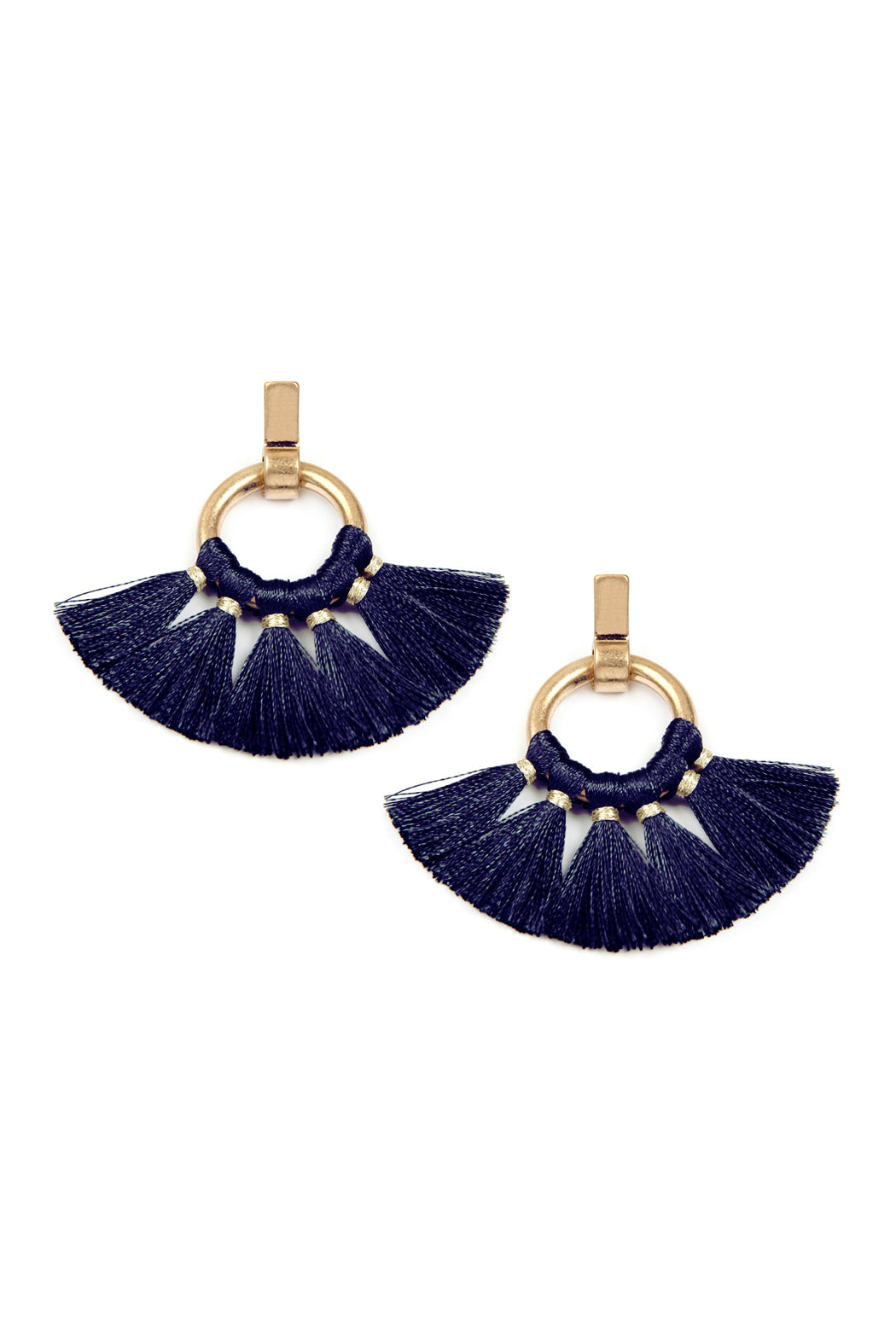 Fan Tassel Post Wrap Hoop Dangle Earrings Navy