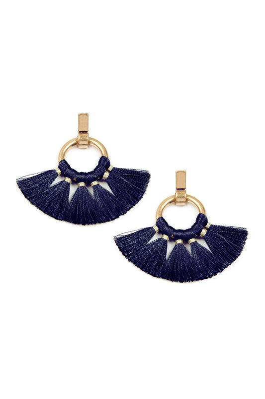 Fan Tassel Post Wrap Hoop Dangle Earrings Navy