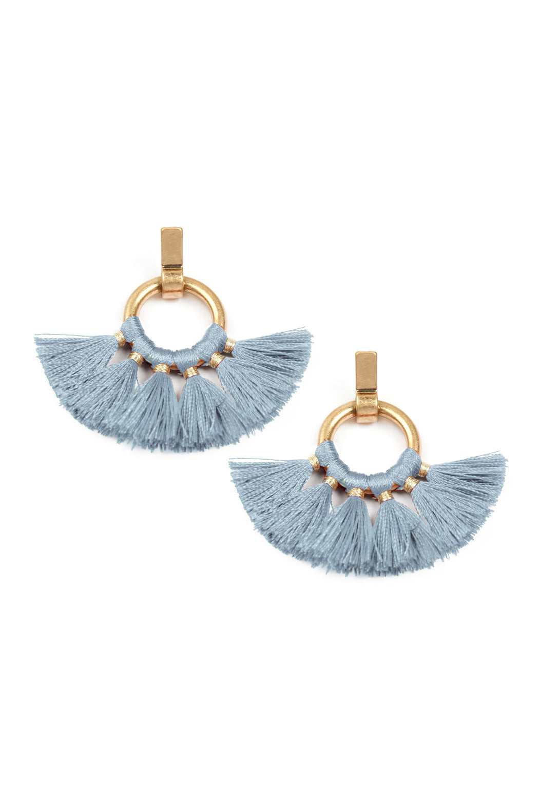 Blue Fan Tassel Post Wrap Hoop Dangle Earrings