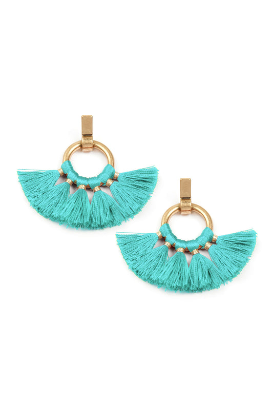 Tur2uoise Fan Tassel Post Wrap Hoop Dangle Earrings