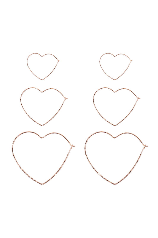 Rose Gold 3 Pairs On A Card Hammered Heart Hoop Earrings Set