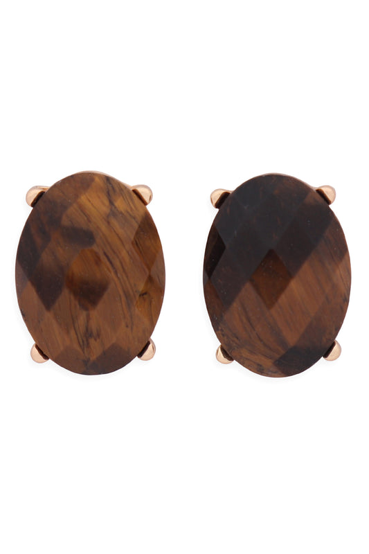 Faceted Oval Stone Post Earrings Brown