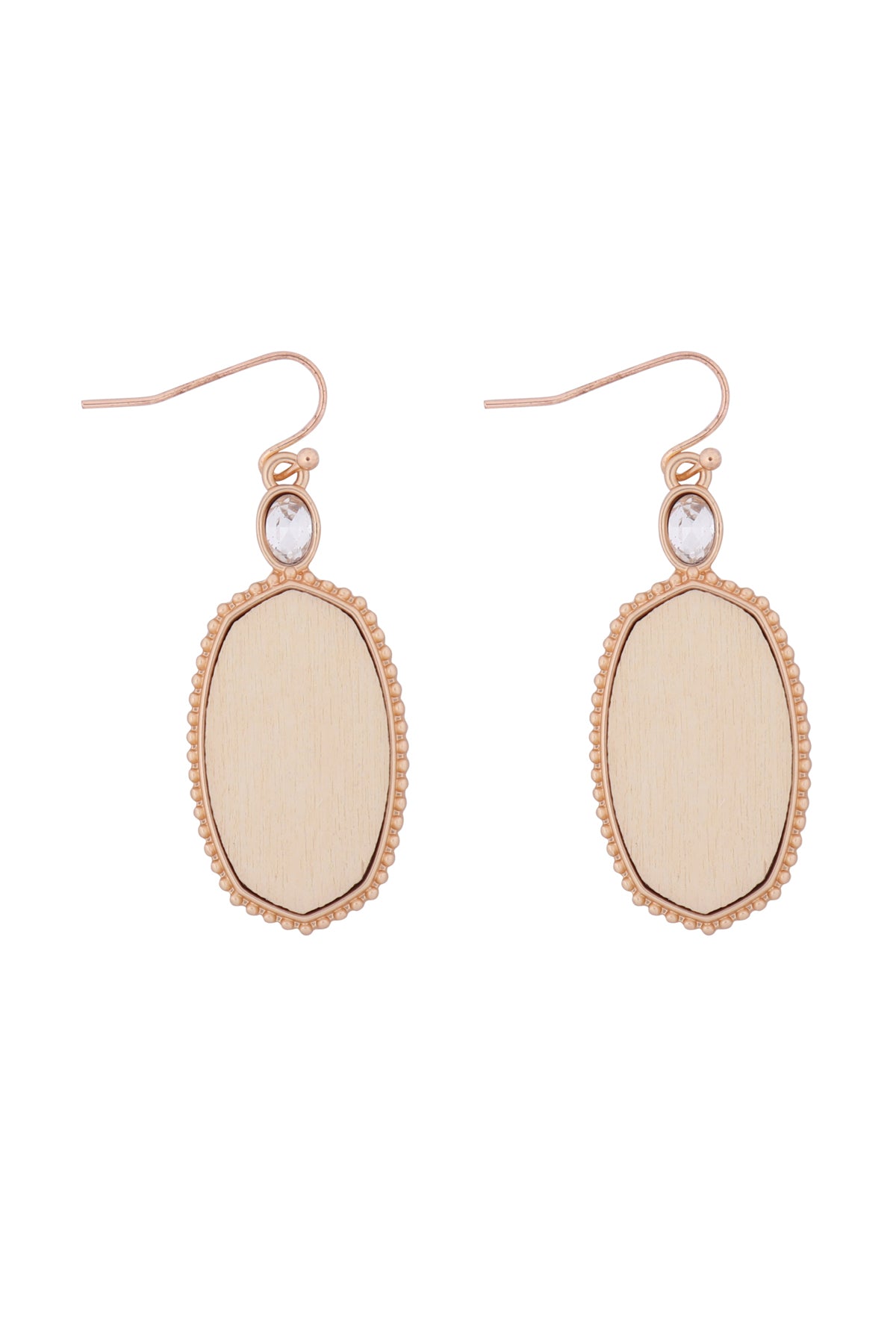 Textured Metal Wood Oval Drop Hook Earring Matte Gold Ivory