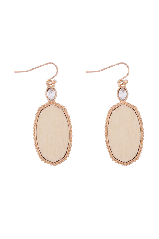 Textured Metal Wood Oval Drop Hook Earring Matte Gold Ivory
