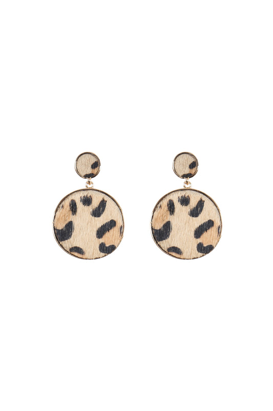 Leopard Leather Print Round Post Dangling Earrings Brown /6Pcs