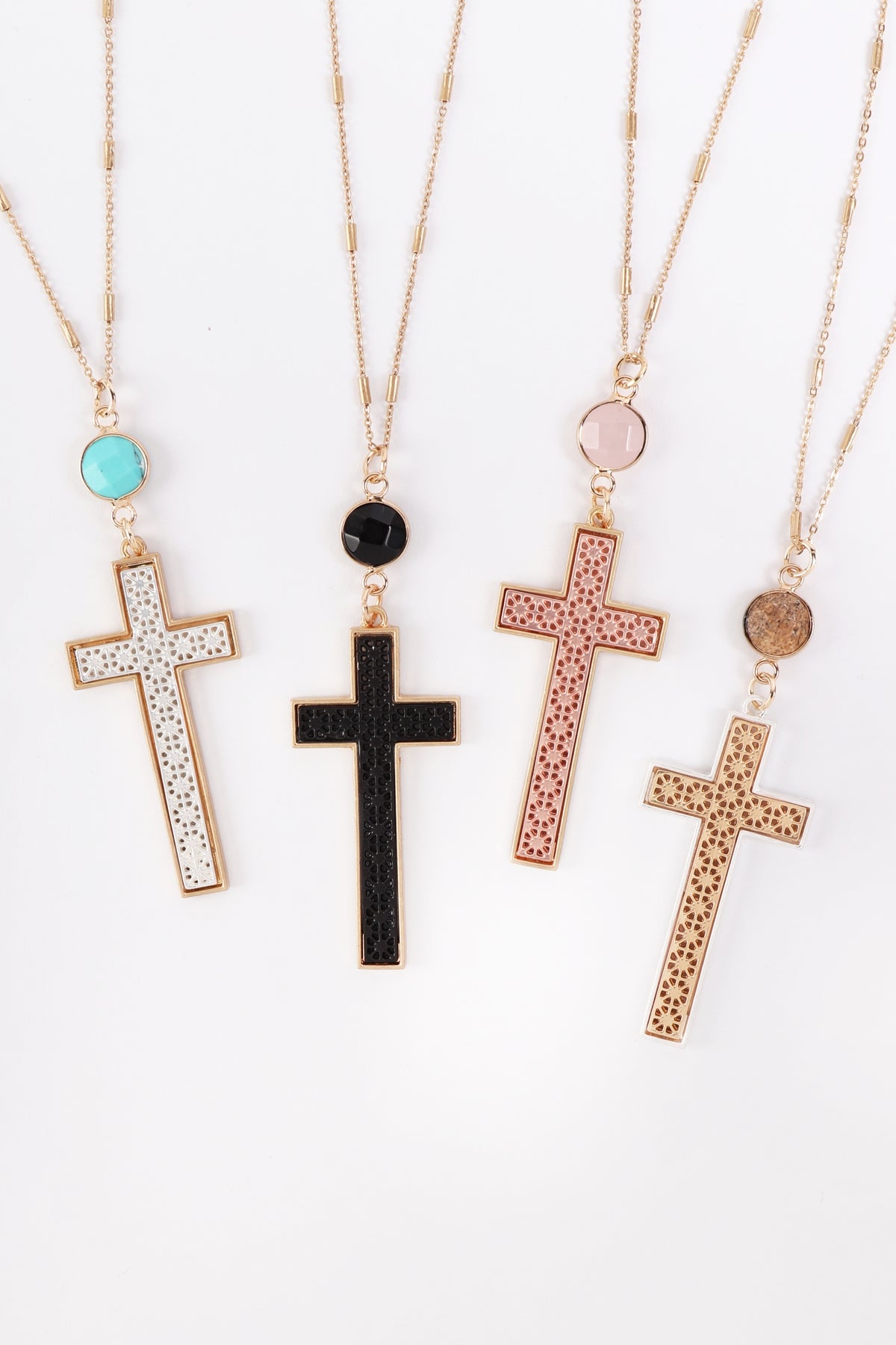 Cross w/ Natural Stone Pendant Chain Necklace