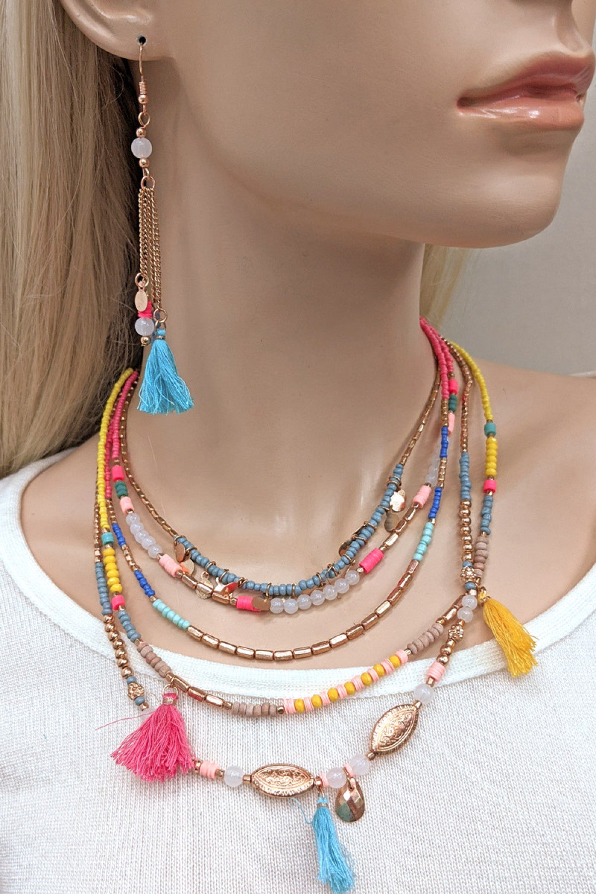 Multi Color Beaded & Tassel Necklace with Matching Earrings Set
