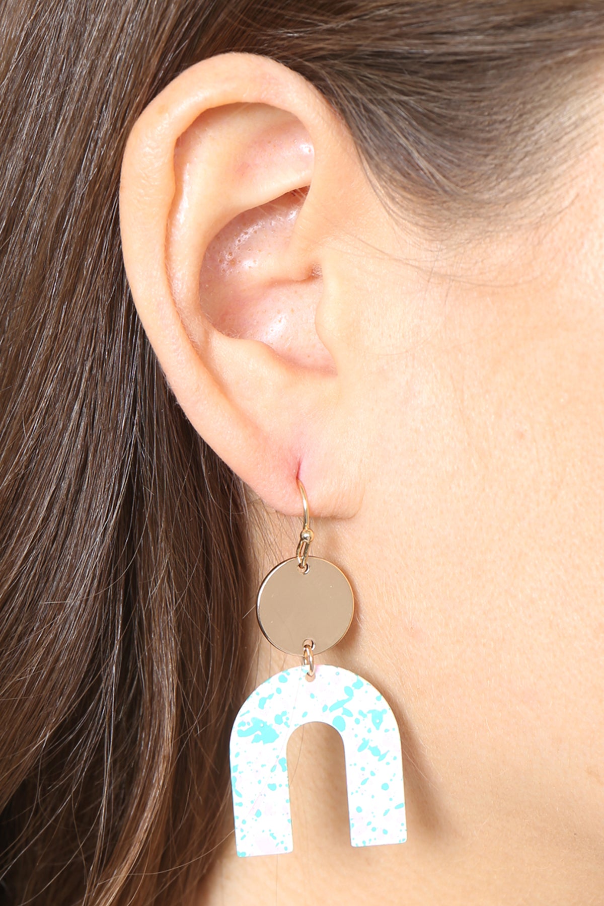 Upside Down Splatter Print Drop Fish Hook Earrings Matte Gold Blue