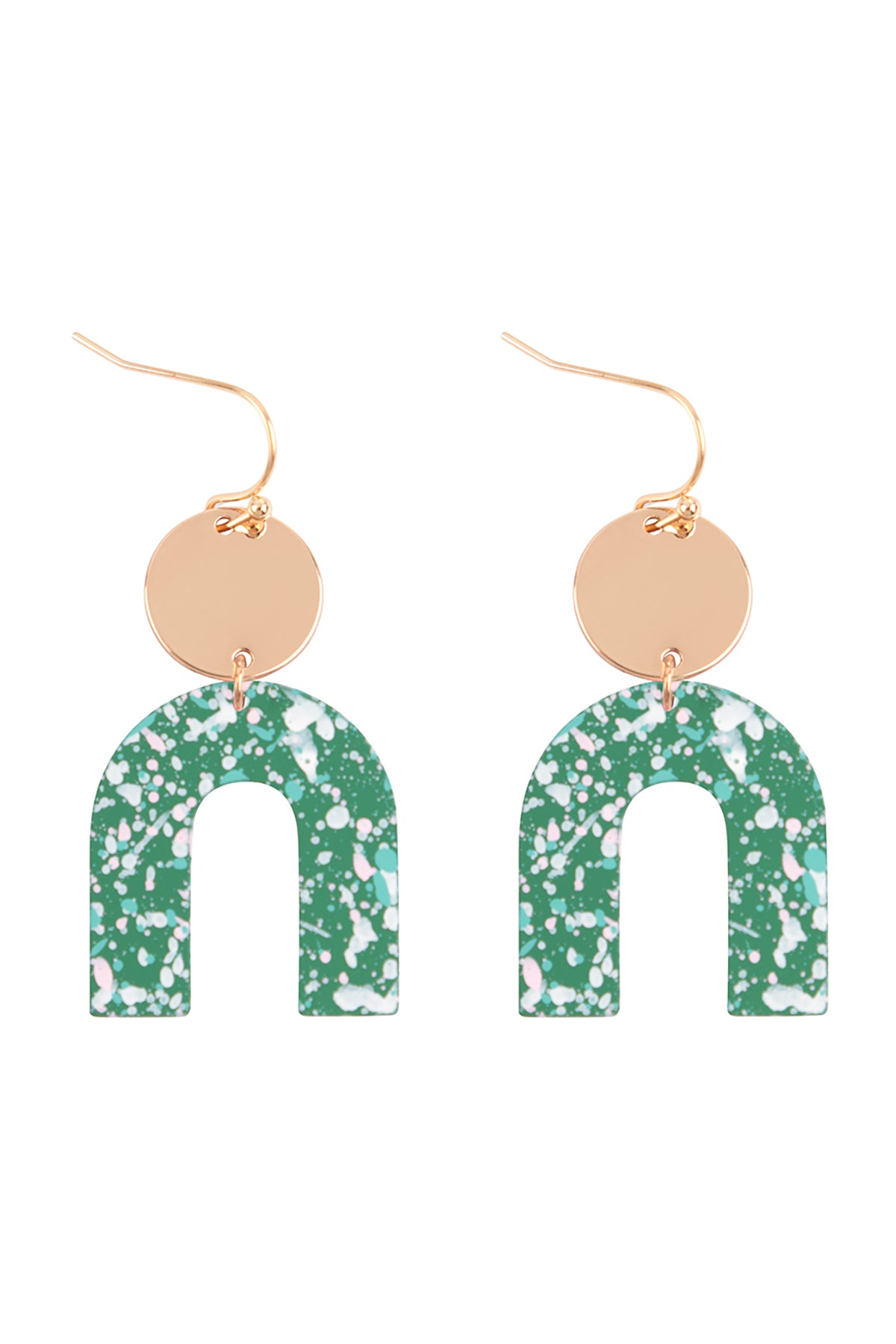 Upside Down Splatter Print Drop Fish Hook Earrings Matte Gold Green