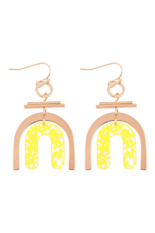 U Upside Down Layered Acrylic Print Drop Fish Hook Earrings Gold Yellow