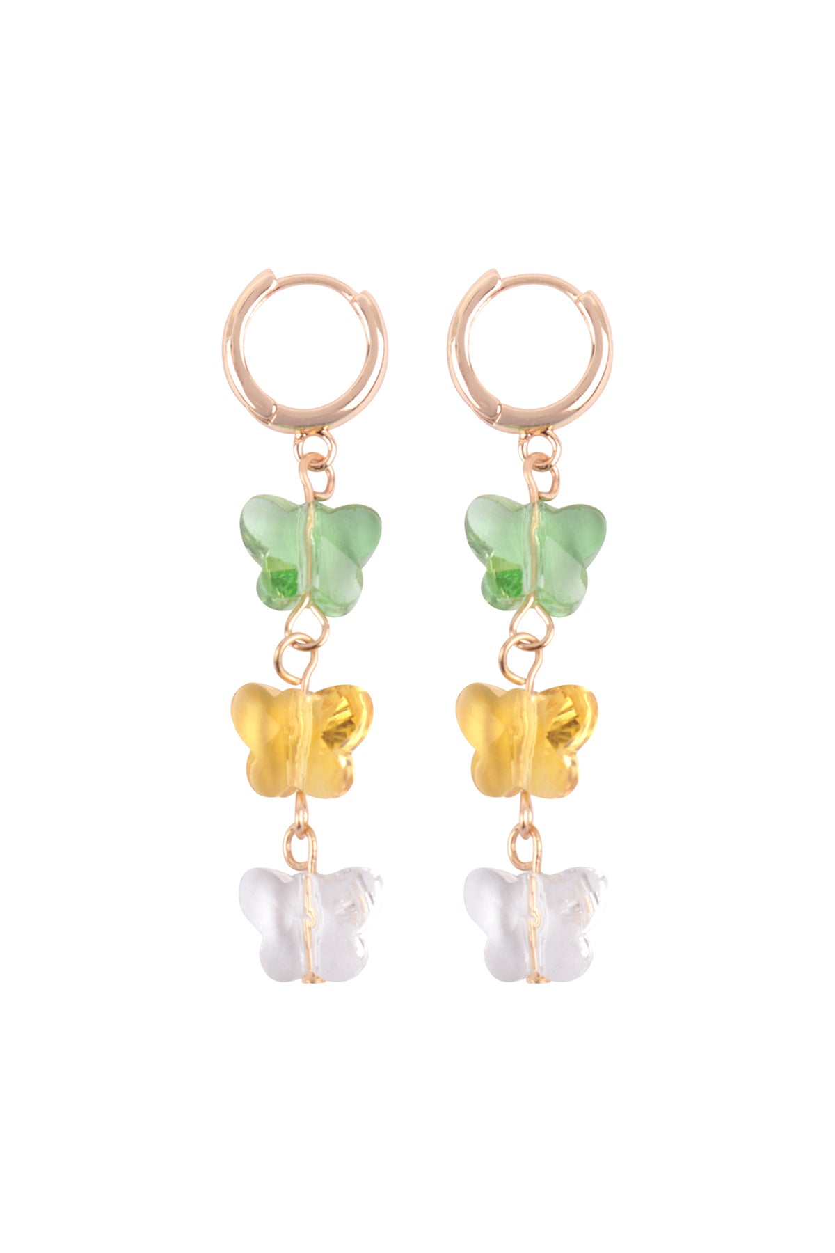 3 Glass Butterfly Drop Hoop Earrings Gold Green