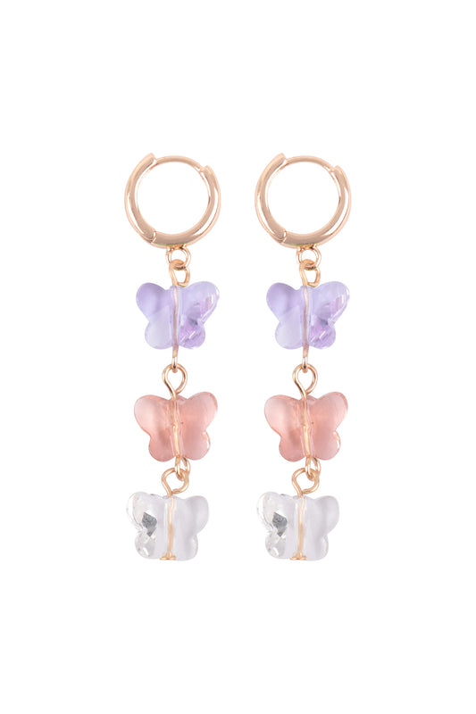 3 Glass Butterfly Drop Hoop Earrings Gold Lavender