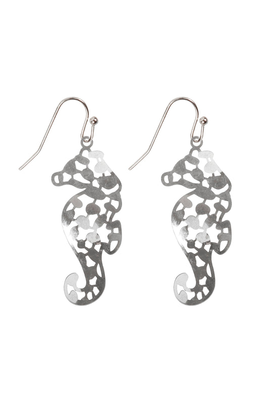 Metal Filigree Sea Horse Fish Hook Earrings Matte Silver