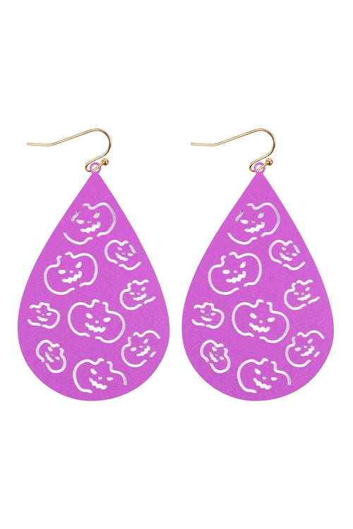 Halloween Pumpkin Filgree Teardrop Earrings Purple