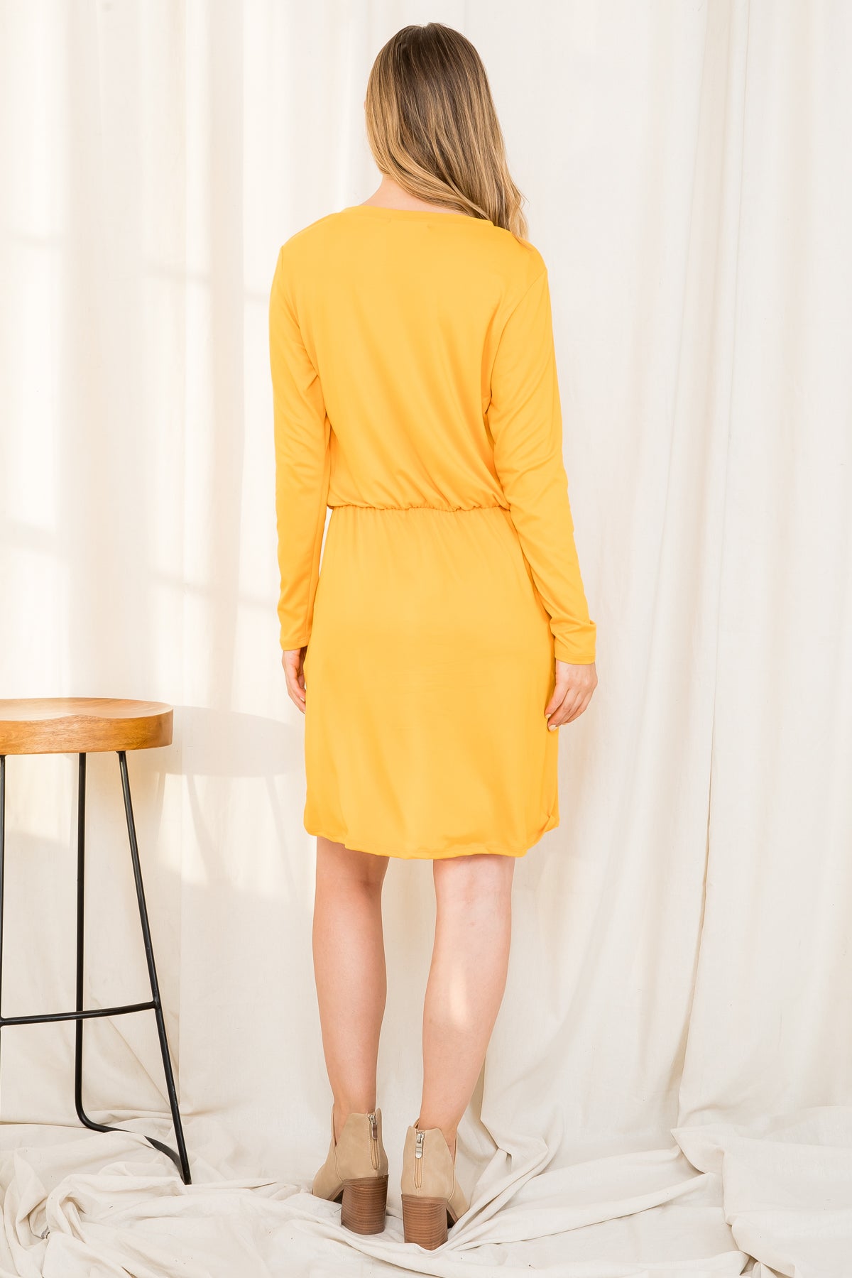 Plus Size Elastic Waist Long Sleeve Solid Dress