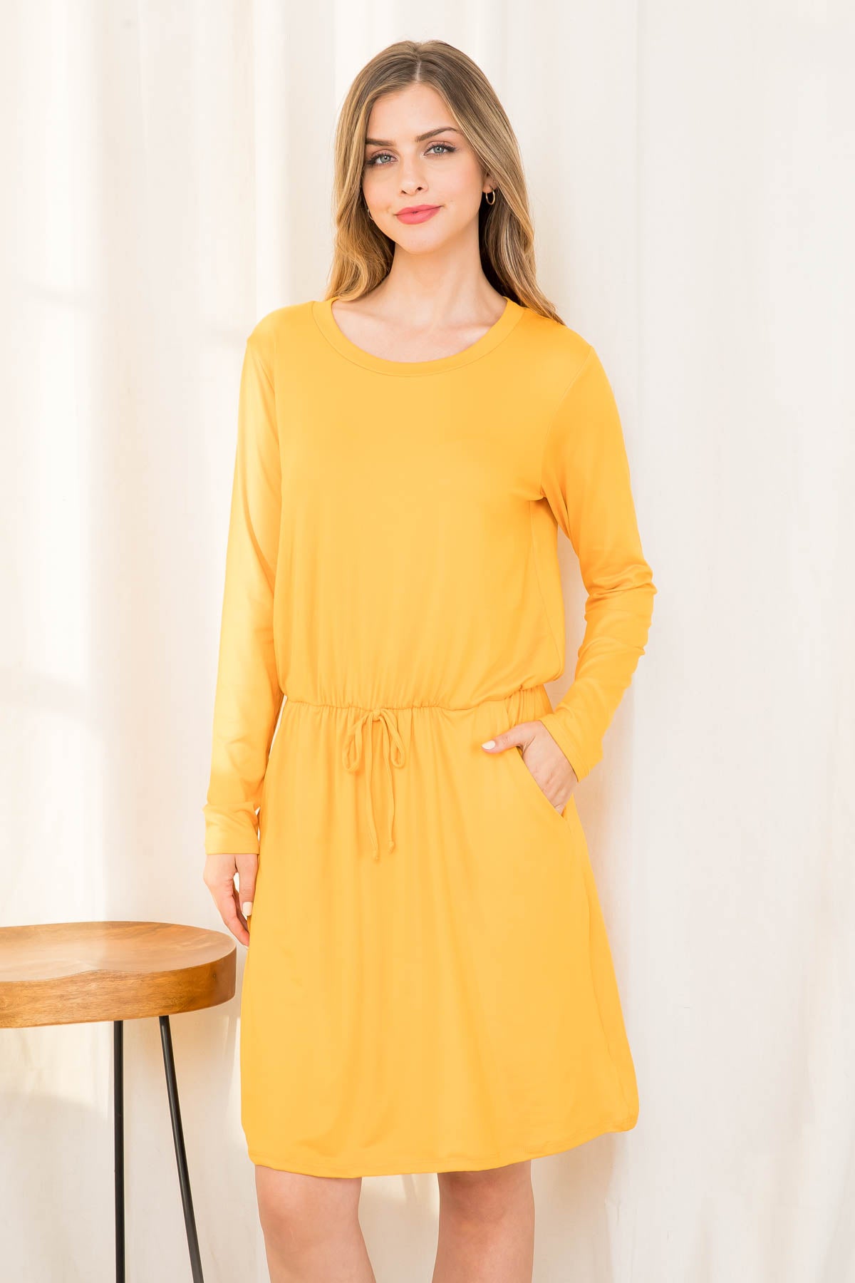 Plus Size Elastic Waist Long Sleeve Solid Dress