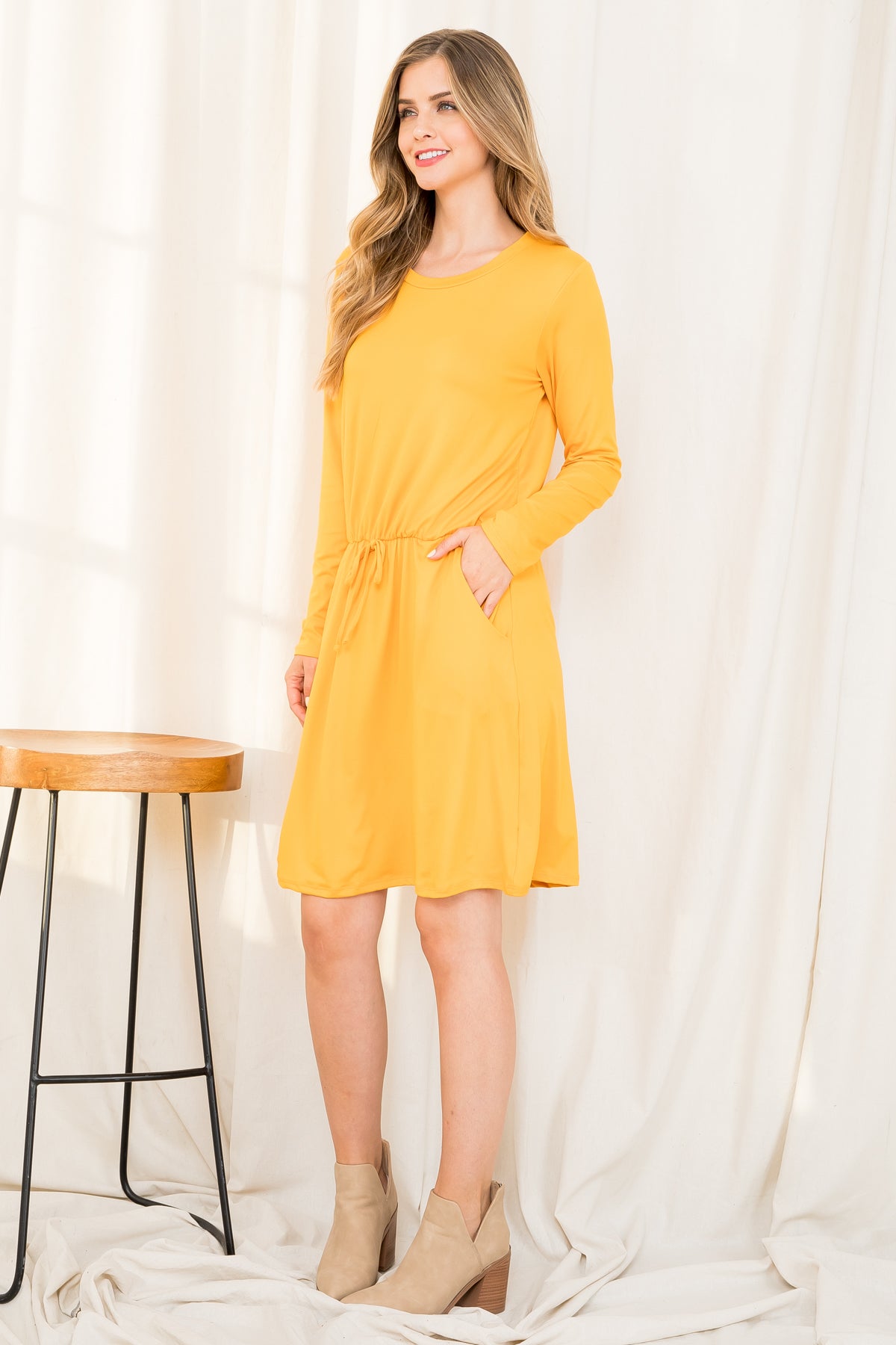 Plus Size Elastic Waist Long Sleeve Solid Dress