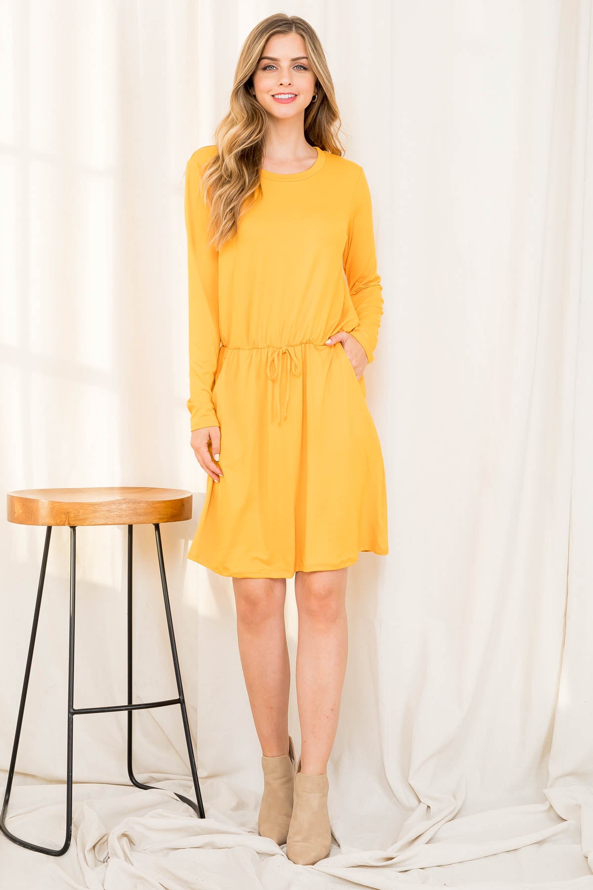 Elastic Waist Ribbon Detail Long Sleeve Solid Dress