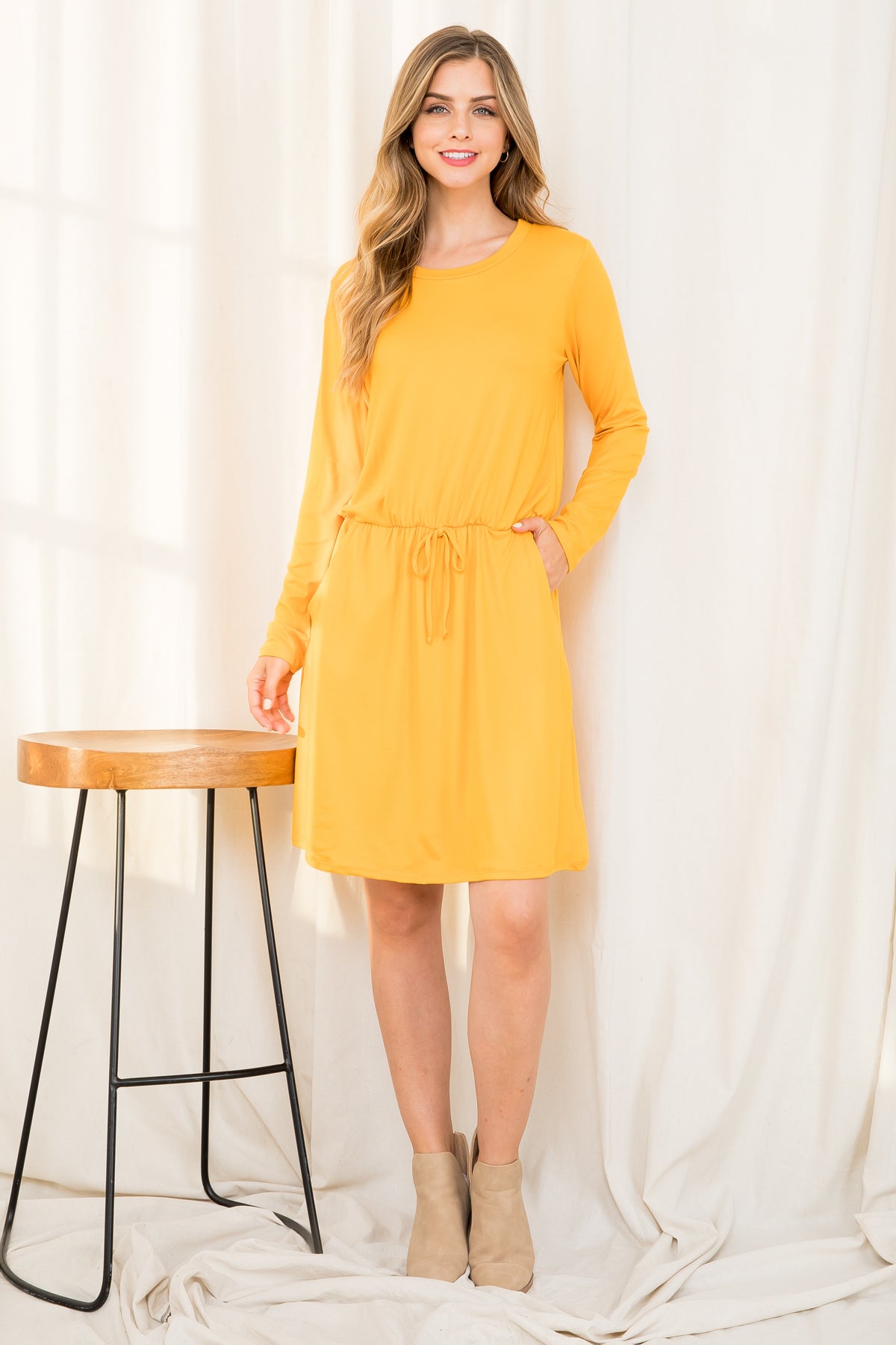 Elastic Waist Ribbon Detail Long Sleeve Solid Dress